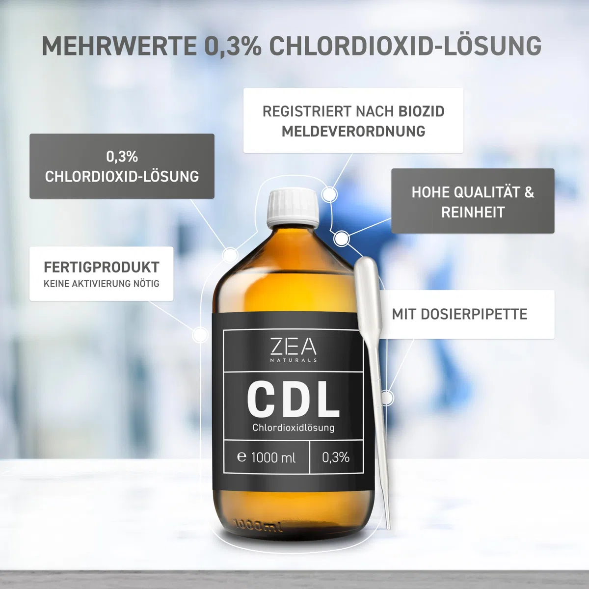 CDL 0,3% (1000 ml) - Chlordioxidlösung 0,3 - Braunglasflasche + HDPE Pipette - Reg-Nr. N-116788 - Chlordioxid, CDs, Cdl Tropfen, CDs Lösung 0 3 1000ml