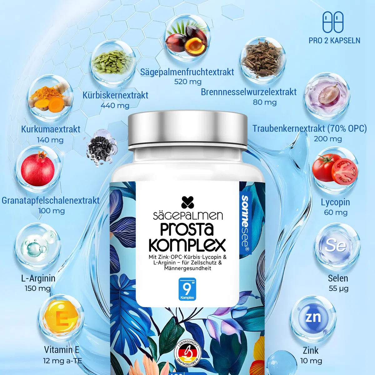 Sägepalmen Prosta 9-in-1 Komplex 120 Kapseln mit Kürbiskernextrakt 15:1, Brennnessel, OPC, Lycopin & L-Arginin – Hochdosiert mit Zink für Testosteronspiegel & Männergesundheit – Vegan