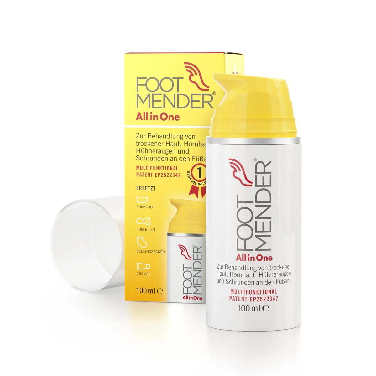 Footmender All in One Fußbehandlung, 100 ml | Behandelt trockene Füße, Gegen Hornhaut und Hühneraugen, Heilt Schrunden, Signifikante Wirkung nach erster Behandlung
