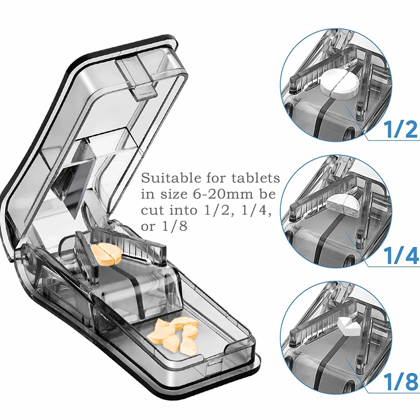 ILLUVA Tablettenteiler für Kleine und Große Tabletten, Pillenteiler mit Tablettenaufbewahrungsfach Für Tabletten in ein Halbes Viertel Schneiden (Schwarz)