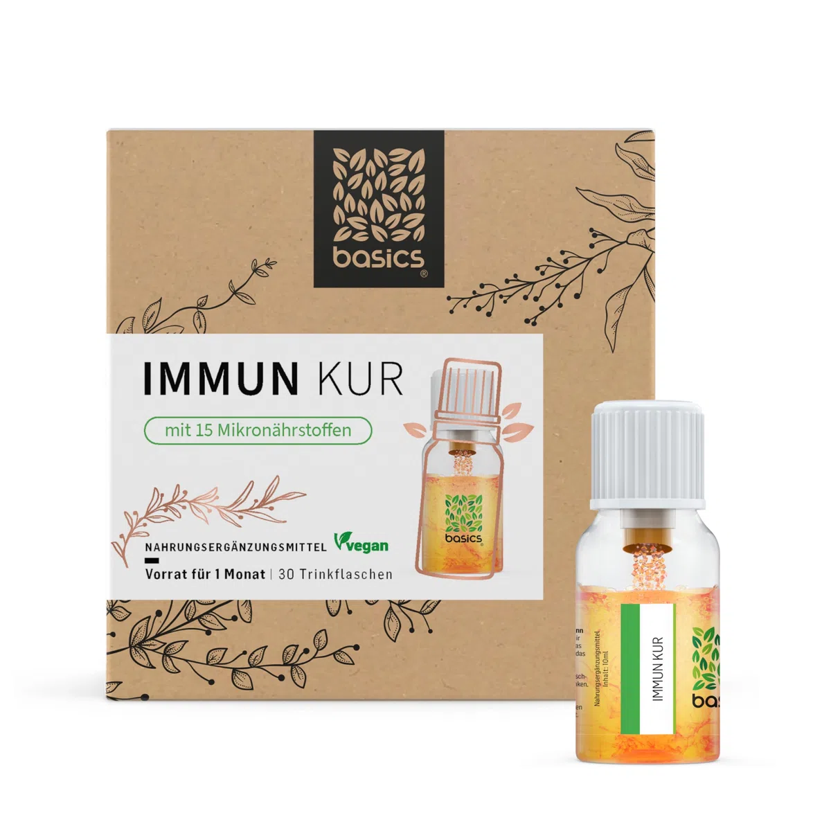 IMMUN KUR - Immunsystem stärken mit basics - Monatskur, 30 x 10ml Fläschchen - Hochdosiert, Kombination aus 15 Mikronährstoffen. Ohne unerwünschte Zusätze - Vegan - Laborgeprüft