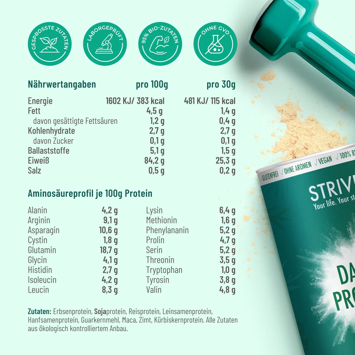 DAILY PROTEIN 100% BIO Vegan | Natur | Effektiv & Frei von Zusätzen | 84% Proteingehalt mit optimalem Aminosäureprofil | 1000g pflanzliches Bio Eiweiß Pulver aus Erbse Soja Reis Hanf, DE-ÖKO-039