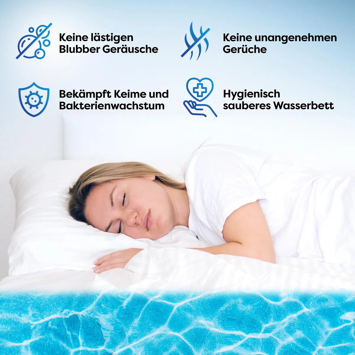 Wasserbett Conditioner Premium Care – 4x 250ml – Wasserbetten Konditionierer gegen Gerüche & Algen, Pflege für alle Wassermatratzen & Systeme aller bekannten Hersteller