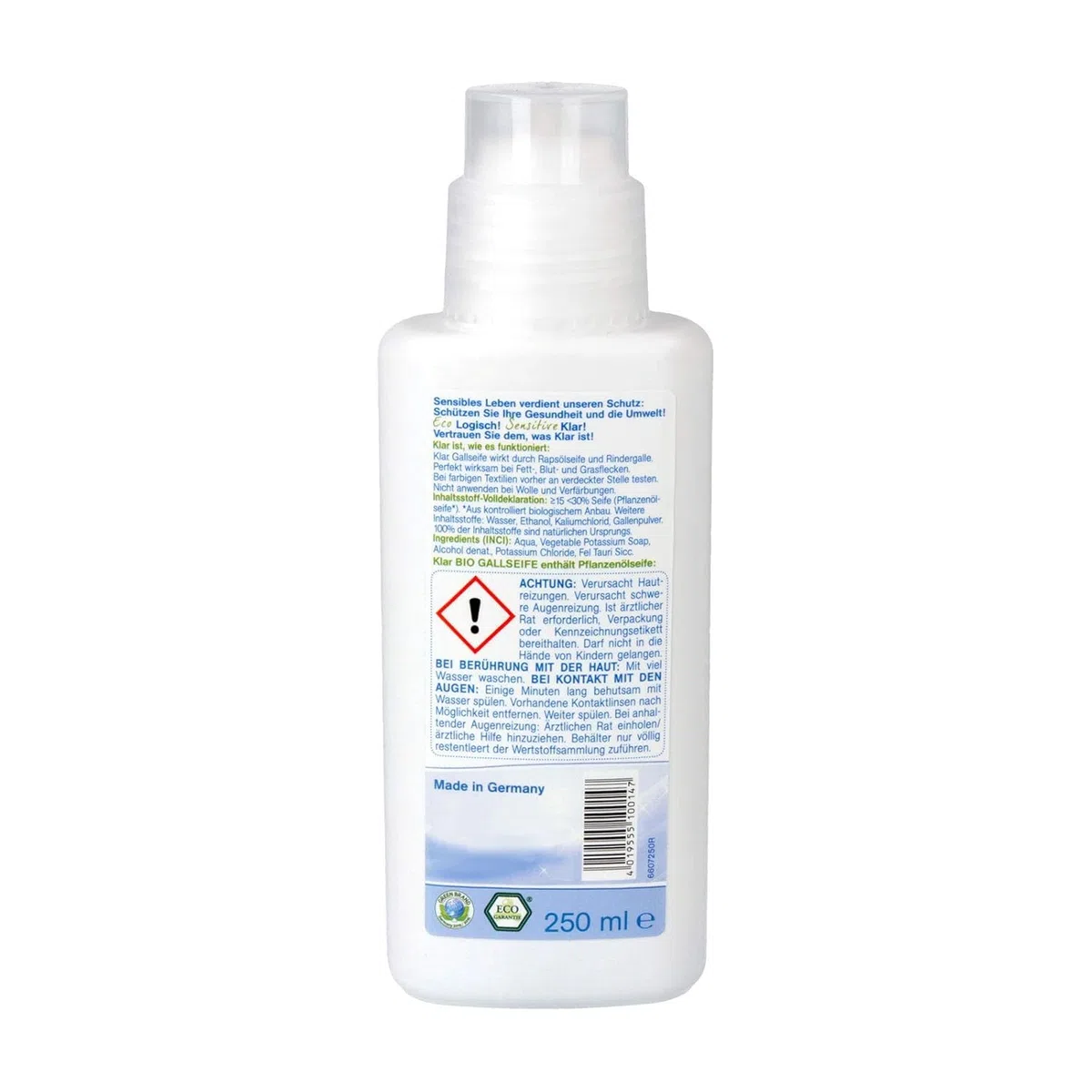 Klar eco Sensitive Bio-Gallseife 6 x 250ml, ohne Duft, mit Bürstenkopf, zur Vorbehandlung von Flecken