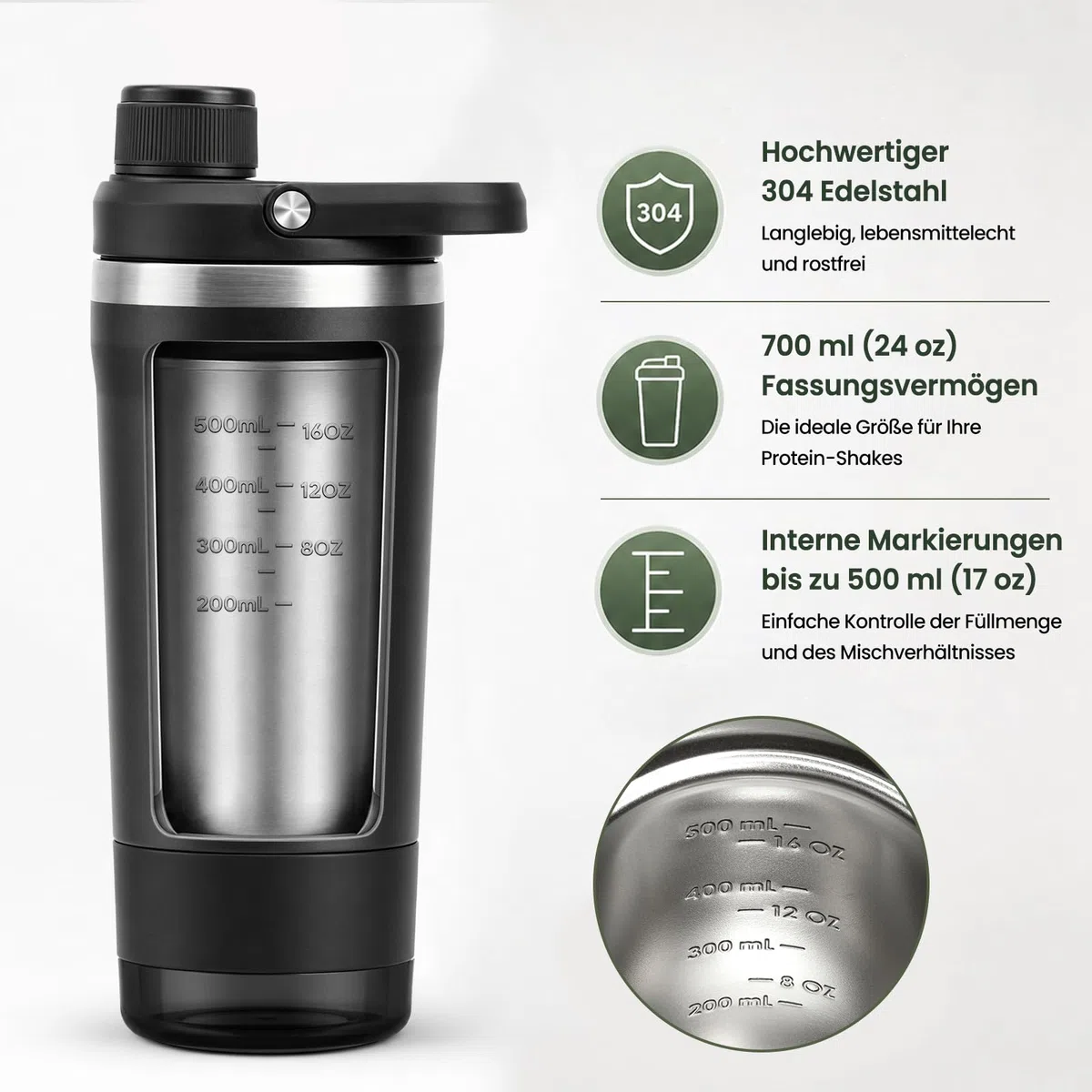 Shaker Edelstahl 700ml, Edelstahl Shaker Doppelwandig mit Pulverfach, Proteinshaker mit Innenskalierung für eisgekühlte Proteinshakes, Klumpenfrei, Auslaufsicher für Freizeit und Sport, BPA-Frei