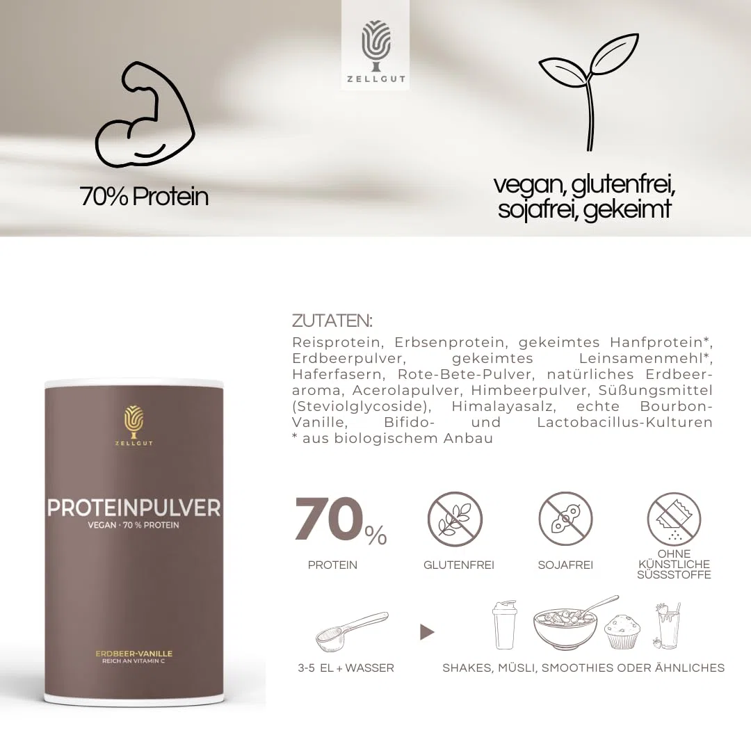 PROTEINPULVER ERDBEER-VANILLE • 70% Protein • 3 pflanzliche Proteinquellen • enthält gesunde Darmbakterien • vegan & glutenfrei • sojafrei