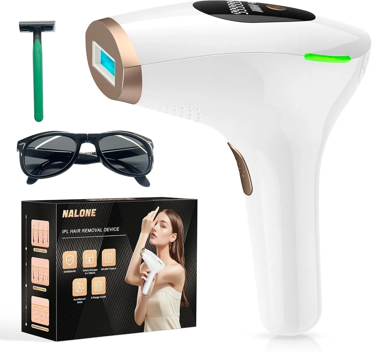 NALONE IPL Geräte Haarentfernung Laser 600-1200NM 999,900 Lichtimpulse 5 Stufen