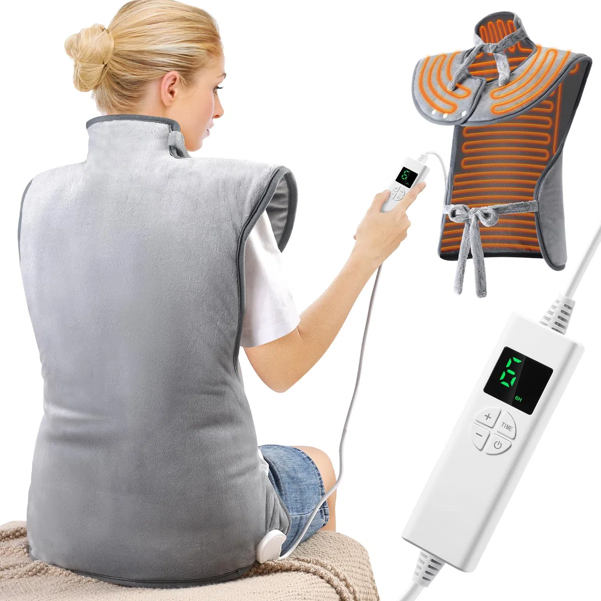 Heizkissen für Rücken Schulter Nacken 61x94cm Heizkissen mit Abschaltautomatik Schnelle Erwärmung, mit 4-Stunden-Timer und 6 Heizstufen Flanellmaterial, Waschbar Wärmekissen Elektrisch