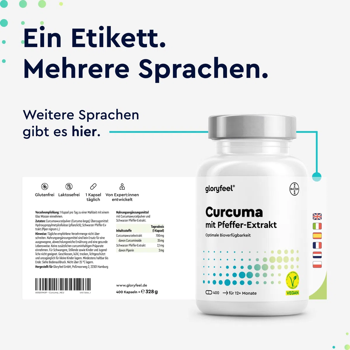 Curcuma Kapseln hochdosiert für 13 Monate - original Kurkumapulver - 700mg pro Kapsel mit Curcumin & Piperin - vegan - laborgeprüft & in Deutschland entwickelt