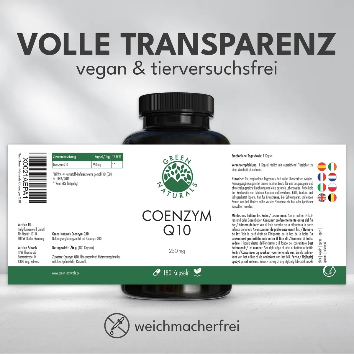 Green Naturals Coenzym Q10 – Hochdosiert: 250 mg – 180 Kapseln | Aus Fermentation gewonnen · 6-Monatsvorrat