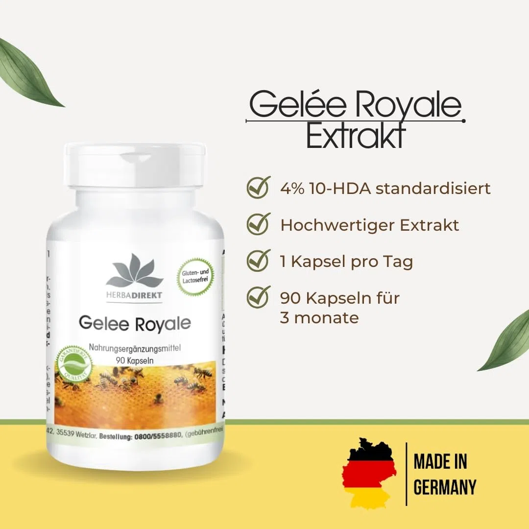Gelée Royale Extrakt 500mg - 90 Kapseln - schluckfreundlich, 4-fach konzentriert aus 2000mg Gelée Royale - Royal Jelly - hochdosiert | HERBADIREKT by Warnke Vitalstoffe - Deutsche Apothekenqualität