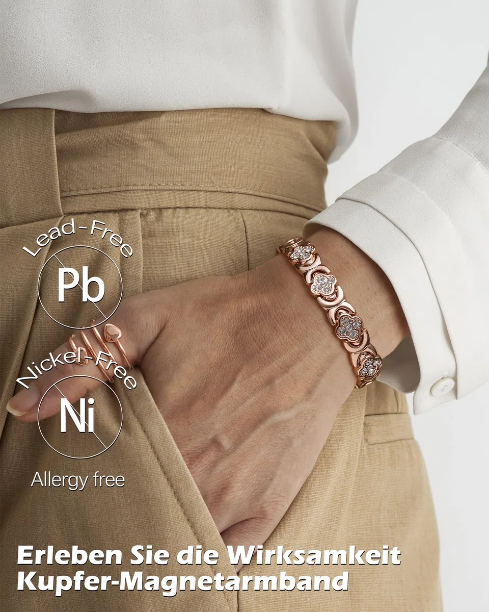 Jeracol Kupferarmband Damen und Magnetfeldtherapie Ring, gefertigt aus 99% reinem Kupfer, mit eingelegten Neodym-Magneten und funkelnden Zirkonia-Steinen, verstellbares Magnetarmband