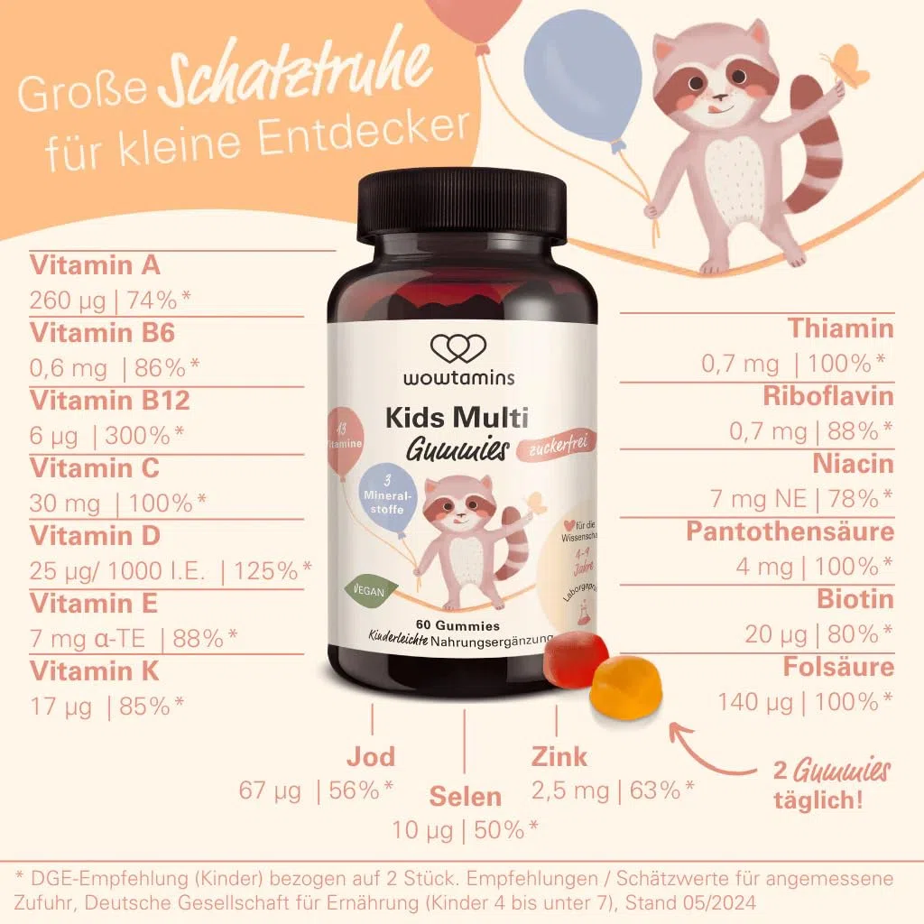 wowtamins Kids Multi Gummies zuckerfrei - Vitamine für Kinder (30-Tage-Vorrat) mit 13 Vitaminen & 3 Mineralstoffen - Nahrungsergänzungsmittel als hochdosierte & Vegane Multivitamin Gummies