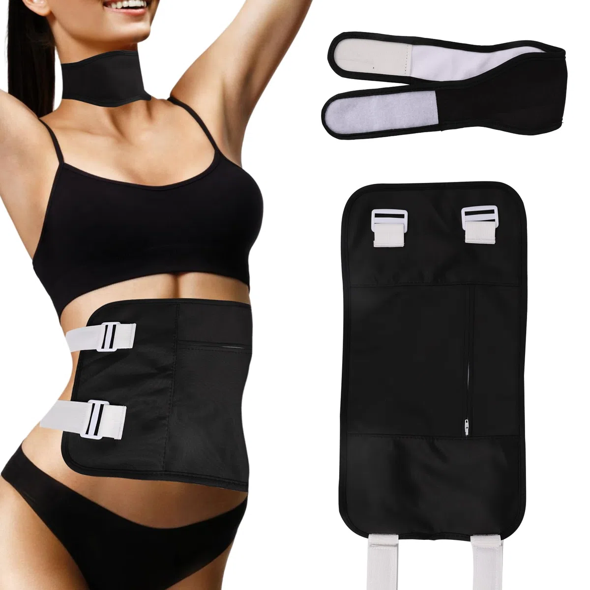 2 Stück Rizinusöl Packung Wickel, Wiederverwendbar Rizinusöl-Packungs-Kit zur Bauch- und Nackenentspannung Verstellbar Auslaufsicher Massagegürtel Rizinusöl mit Magischem Kleber (Schwarz)