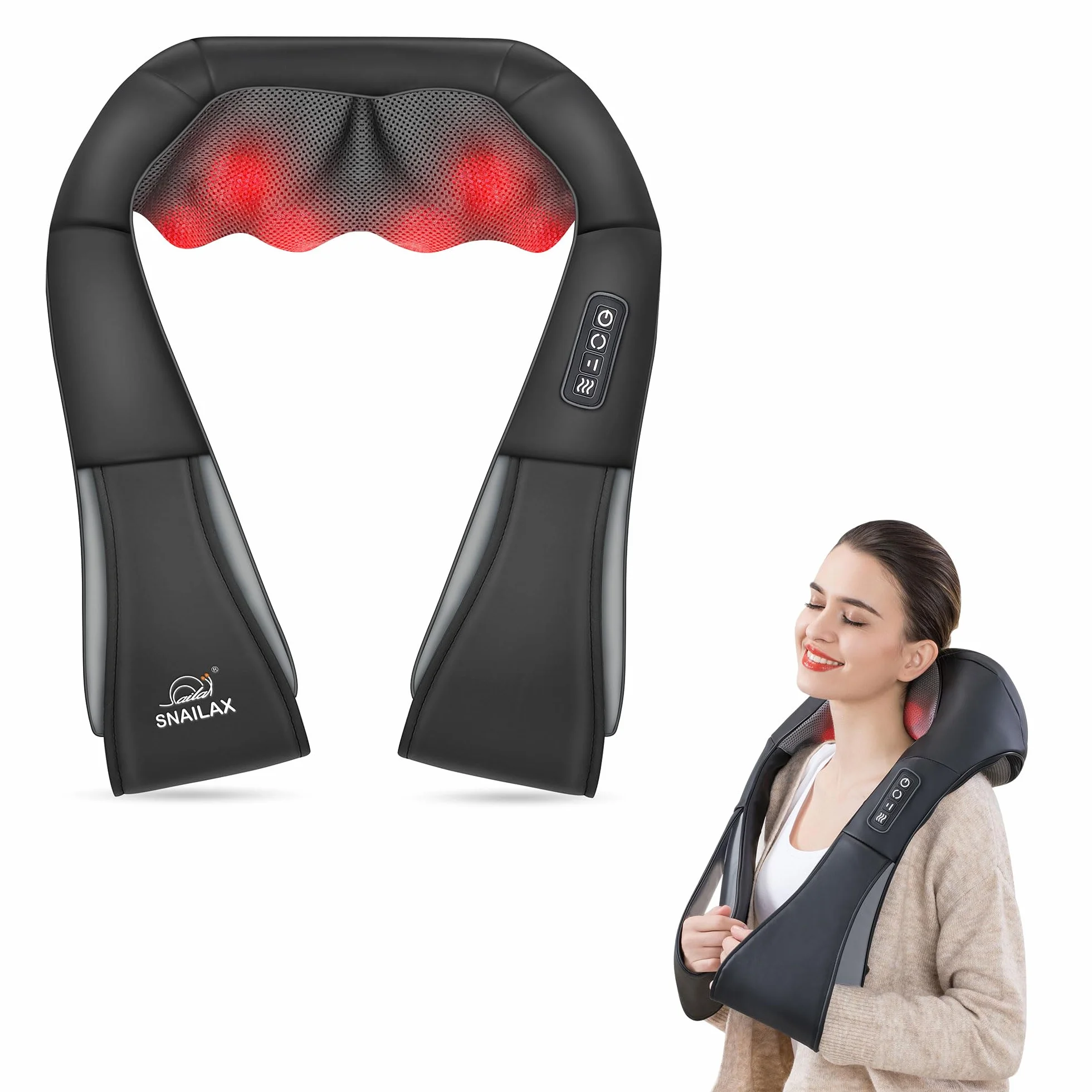 Snailax Schulter Nacken Rücken Massagegerät, Shiatsu Nackenmassagegerät mit Wärme, Rückenmassagegerät,Elektrisch 4D-Rotation Massagegerät zu Hause Büro, Geschenke für Männer, Frauen