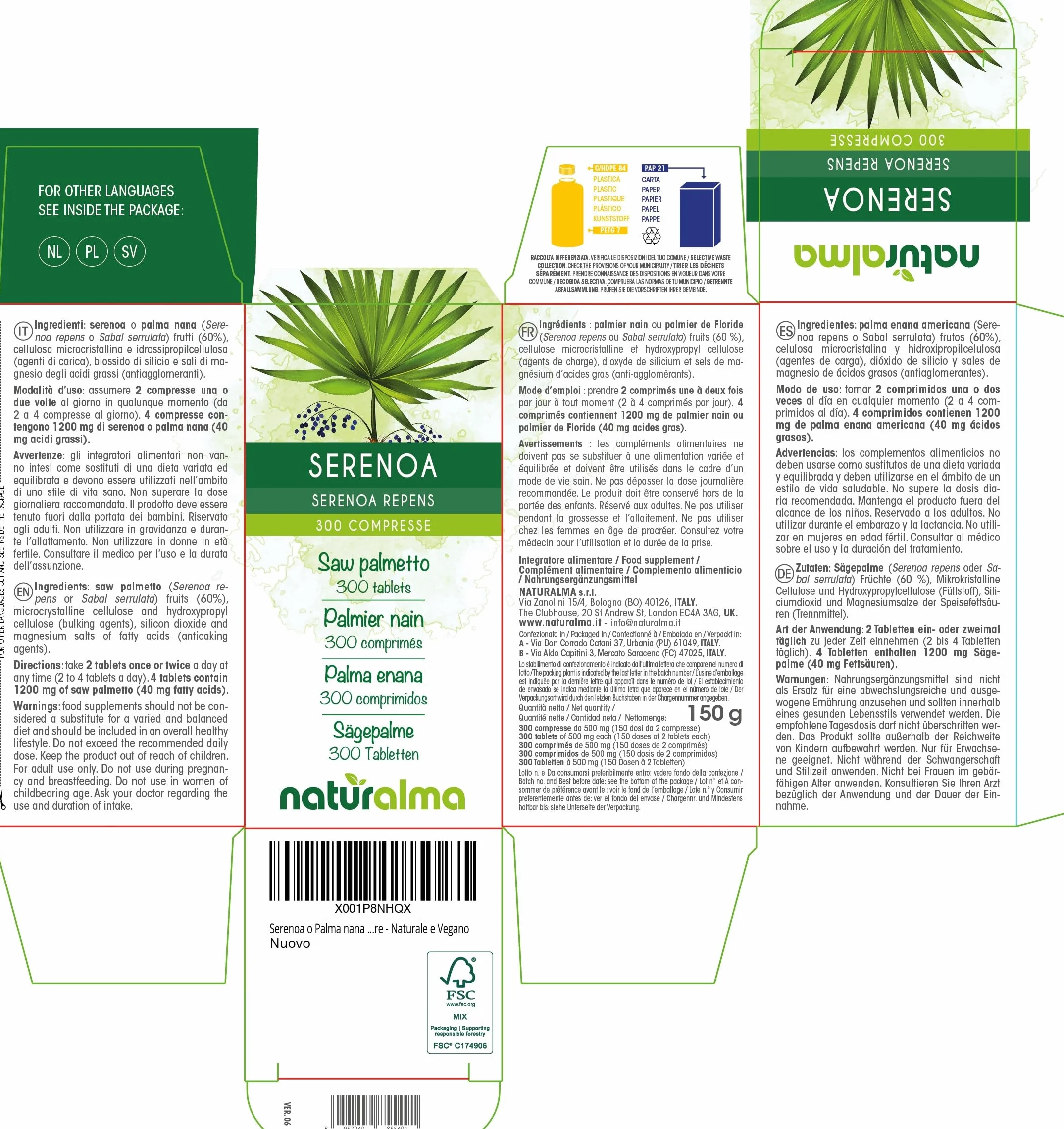 Sägepalme (Serenoa repens oder Sabal serrulata) Früchte Naturalma - 150 g - 300 Tabletten - Nahrungsergänzungsmittel - Natürlich und Vegan