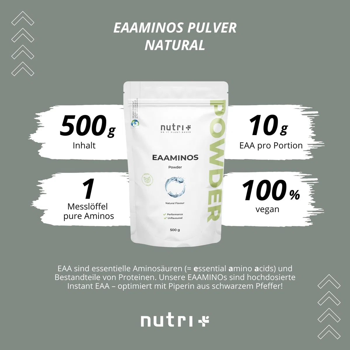 Nutri + EAA Pulver Neutral 500 g hochdosiert + vegan - 9 essentielle Aminosäuren - Instant Natural ohne Süßstoff, Zusatzstoff & künstlichen Geschmack