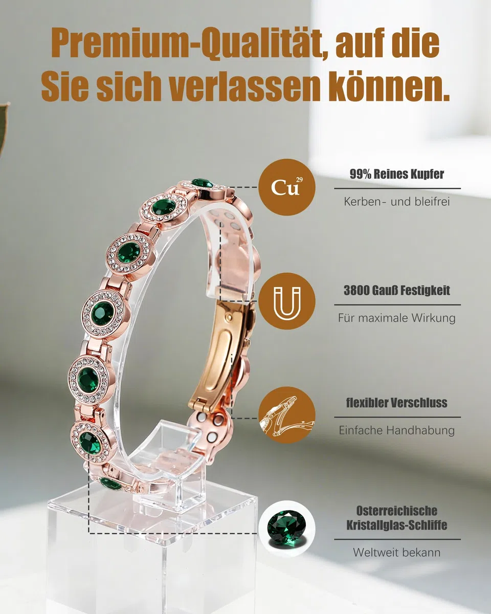 Jeracol Kupferarmband Dame, Magnetarmband mit je 4 Magneten pro Glied und kreisrunden Kristallen, 99% reines Kupfer, Schmuckgeschenk