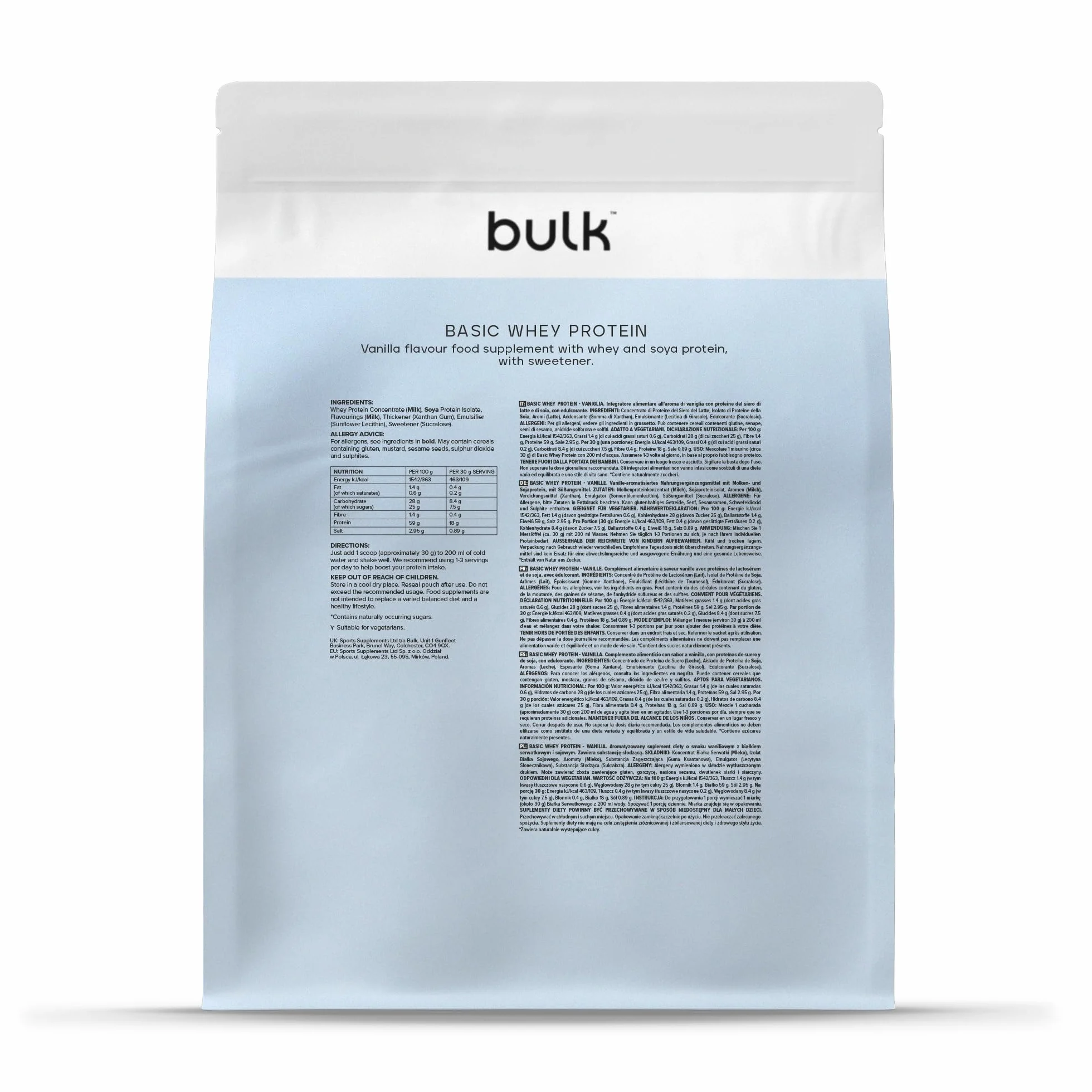 Bulk Basic Whey Protein Pulver | Vanille | 1,25 kg | 41 Portionen | Bis zu 18 g Eiweiß Portion | Zuckerarm | Schnell verdauliche Formel | Fitnessstudio Supplement Unterstützt Muskelaufbau Regeneration