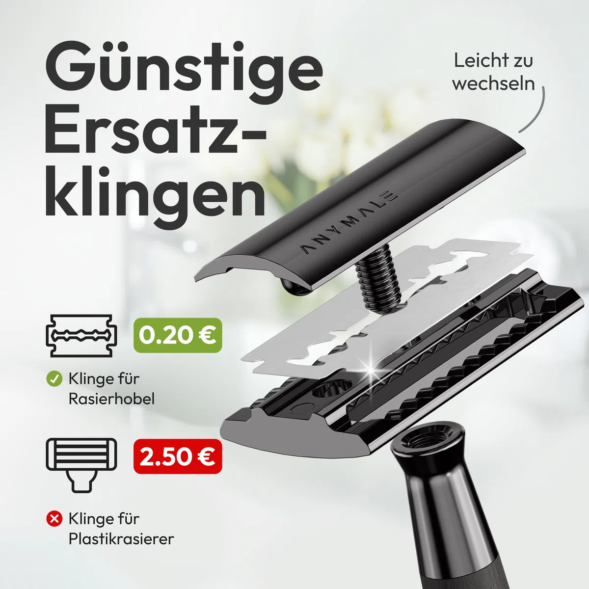 Rasierhobel „Midnight“ für Damen & Herren Griff aus Ahornholz (Schwarz) - Holz Nassrasierer & Rasierer Metall mit 5 Klingen (Zero Waste) - Männer-Rasierer, Klingenrasierer & Safety Razor