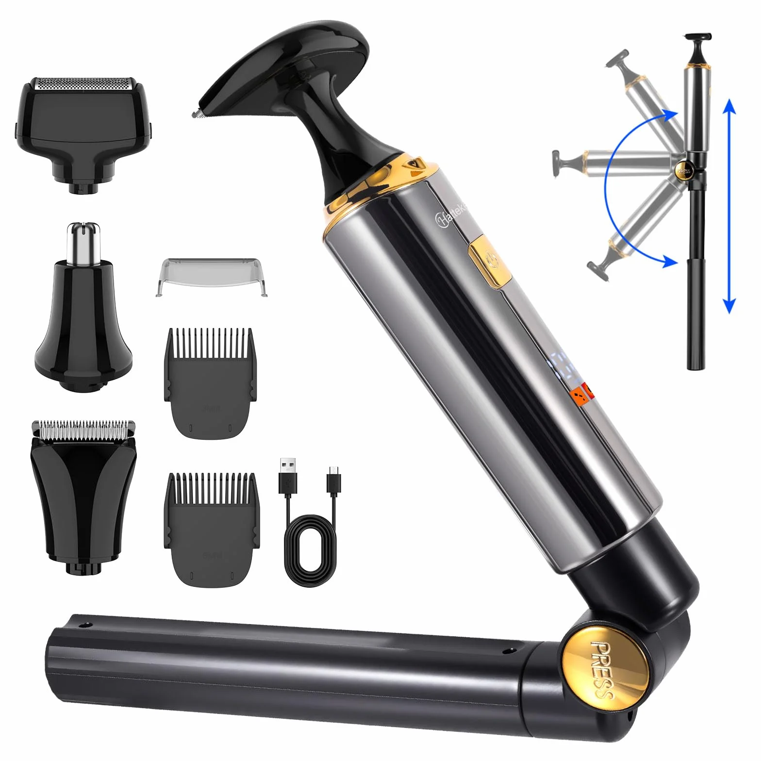 Hatteker Elektrischer Rückenrasierer für Männer, Körper-Trimmer, Haarschneider, 4-in-1-Set mit ausziehbarem Hilfsarm, wasserdicht, für Gesicht, Kinn, Arme, Rücken, Schamhaar, Pflege-Set
