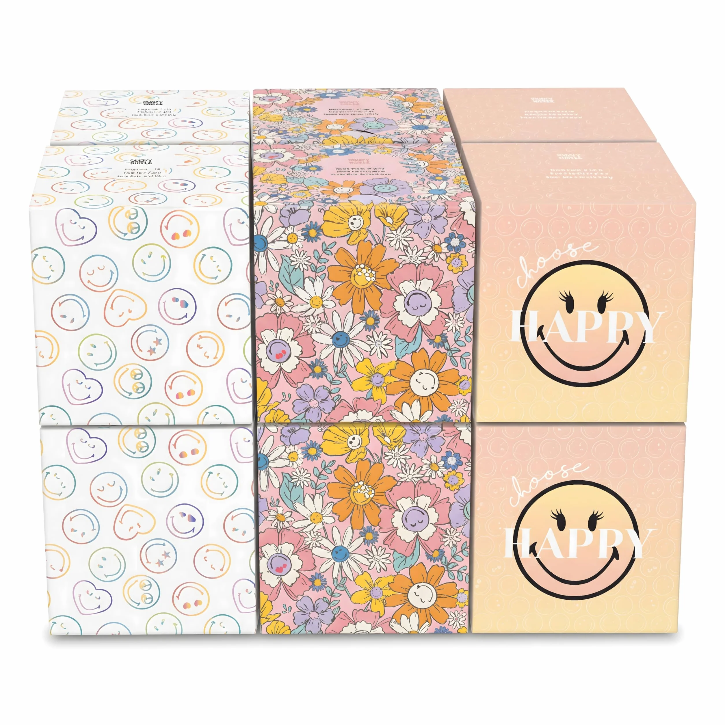 SMILEYWORLD Ultra Soft Taschentücher – 12 Würfelboxen x 48 Blatt (576 Blatt gesamt), 3-lagig – 3 Designs – Taschentuchbox für Zuhause & Büro (Braun, Rosa, Gelb, Weiß, mehrfarbig)