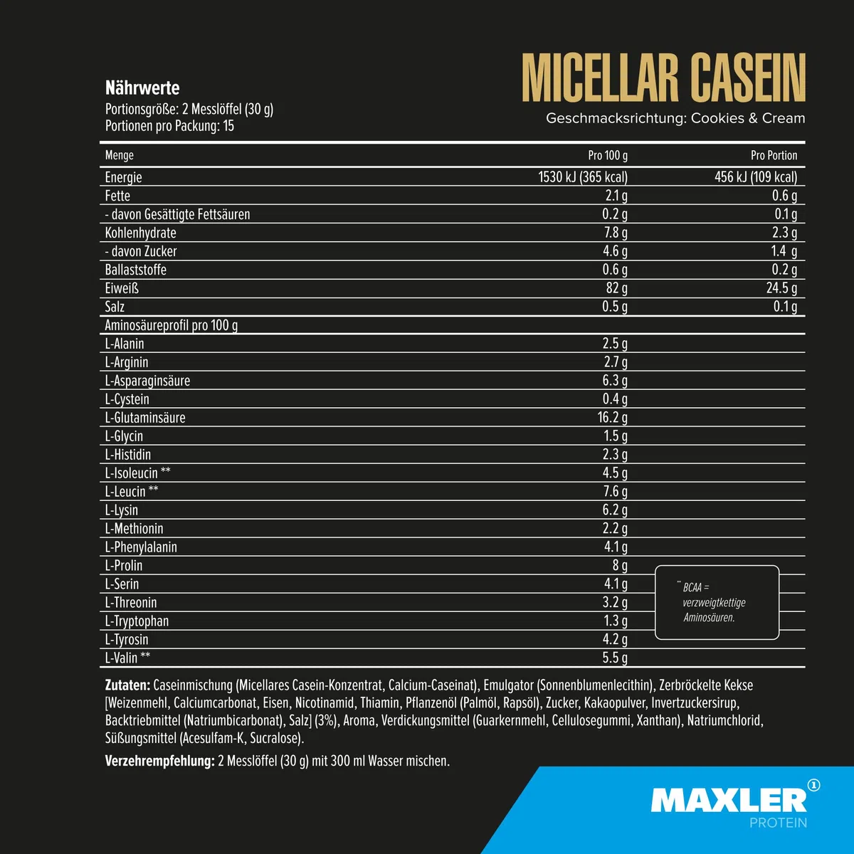 Maxler Micellar Casein - 26g Eiweiß pro Portion - reiches Aminosäureprofil - cremige Textur - angenehmer Geschmack - Casein Protein aus hochwertigen Rohstoffen - Cookies & Cream - 450g