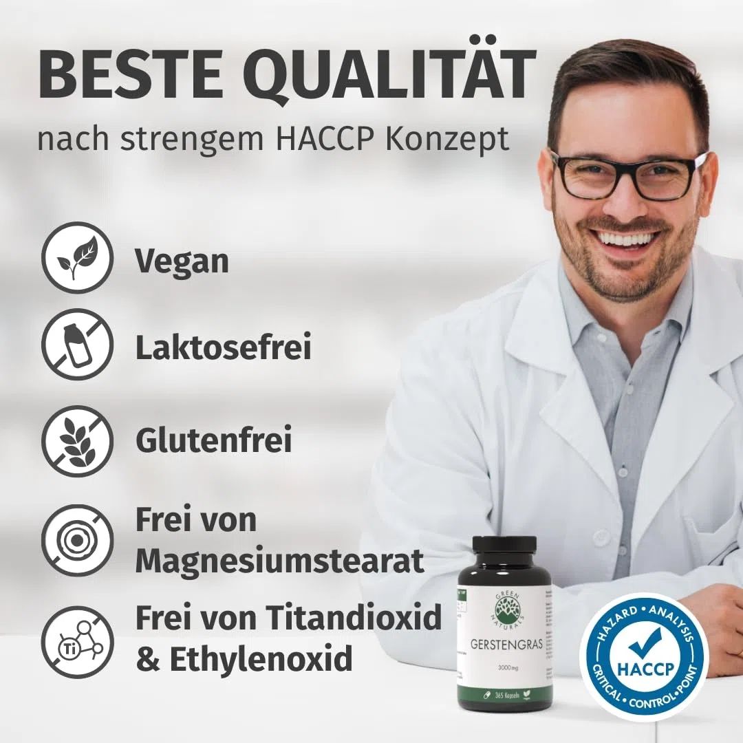 Green Naturals Gerstengras – Hochdosiert: 3.000 mg Extrakt – 365 Kapseln | 10:1 pro Tagesdosis · 3-Monatsvorrat · Laborgeprüft