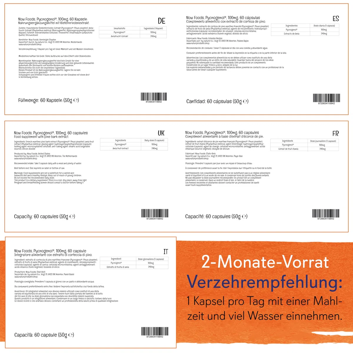 Now Foods, Pycnogenol, 100mg, mit Amla-Frucht, 60 vegane Kapseln, Laborgeprüft, Sojafrei, Glutenfrei, Vegetarisch, Ohne Gentechnik