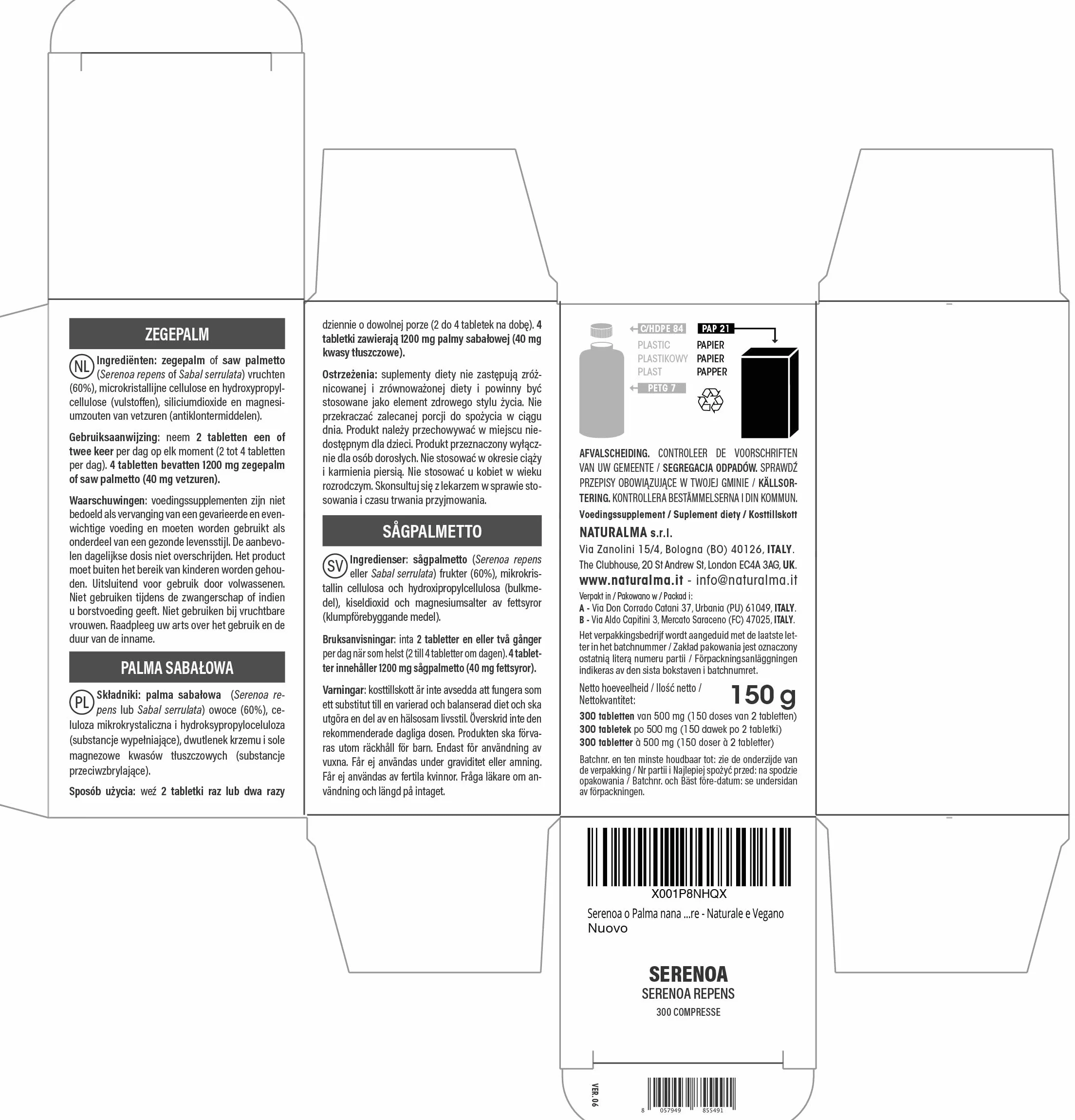 Sägepalme (Serenoa repens oder Sabal serrulata) Früchte Naturalma - 150 g - 300 Tabletten - Nahrungsergänzungsmittel - Natürlich und Vegan