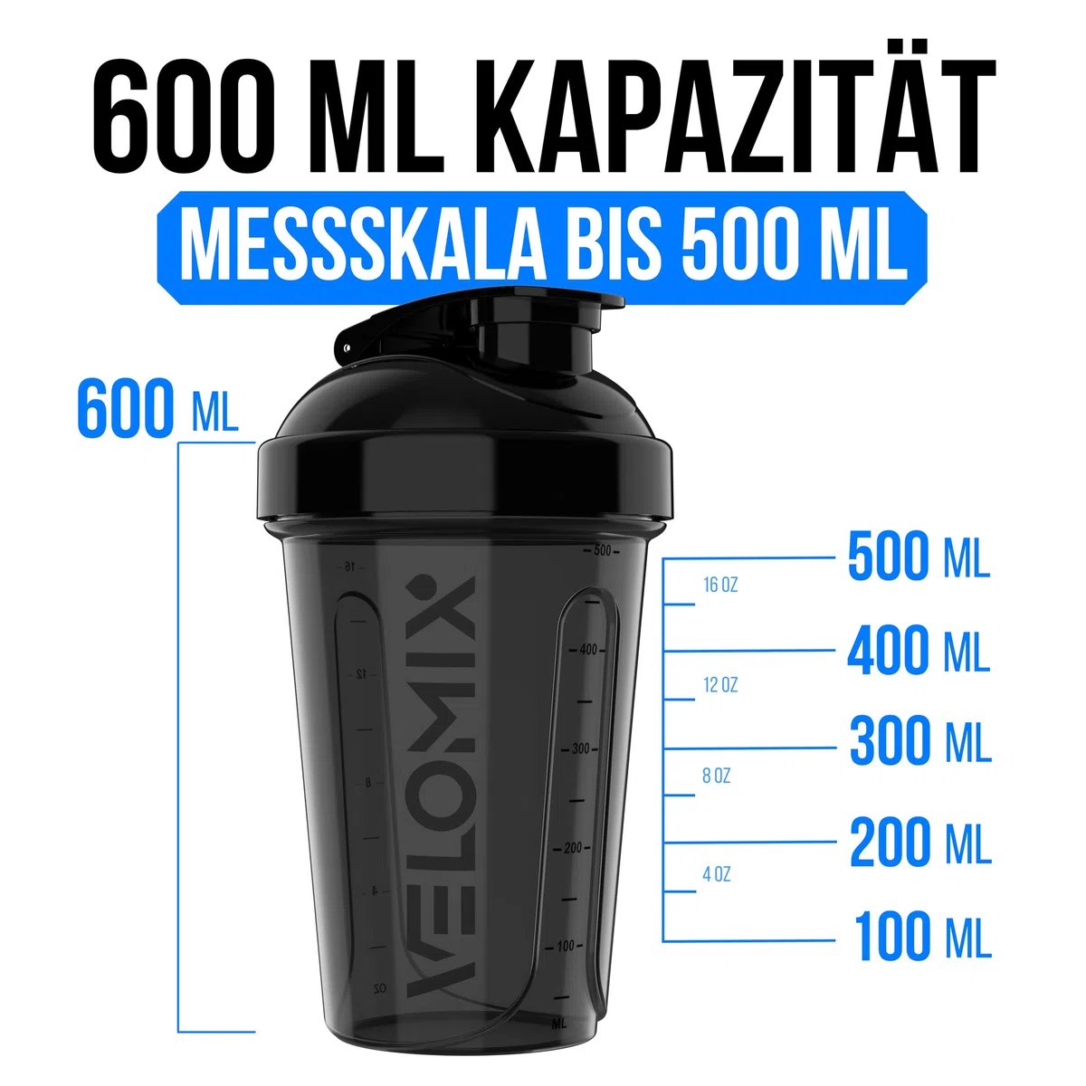 VELOMIX -2 PACK- 600ml Eiweiß Shaker - Auslaufsicher Shaker Proteinshake Mit 2x Kugel | Drehverschluss & Mess-Skala Shake Becher | Spülmaschinengeeignet & Stackable Protein Shaker (Black/Transparent)