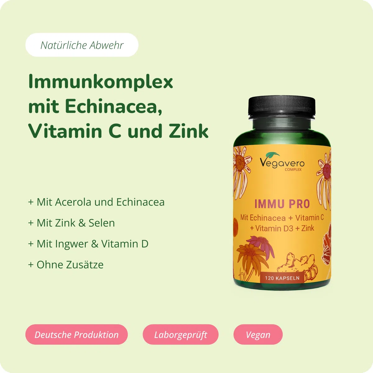 Vegavero Immunsystem Komplex – mit Echinacea, Acerola Vitamin C, Vitamin D3, Ingwer, Zink & Selen – vegane Immunformel ohne Zusatzstoffe – 120 Kapseln hochdosiert