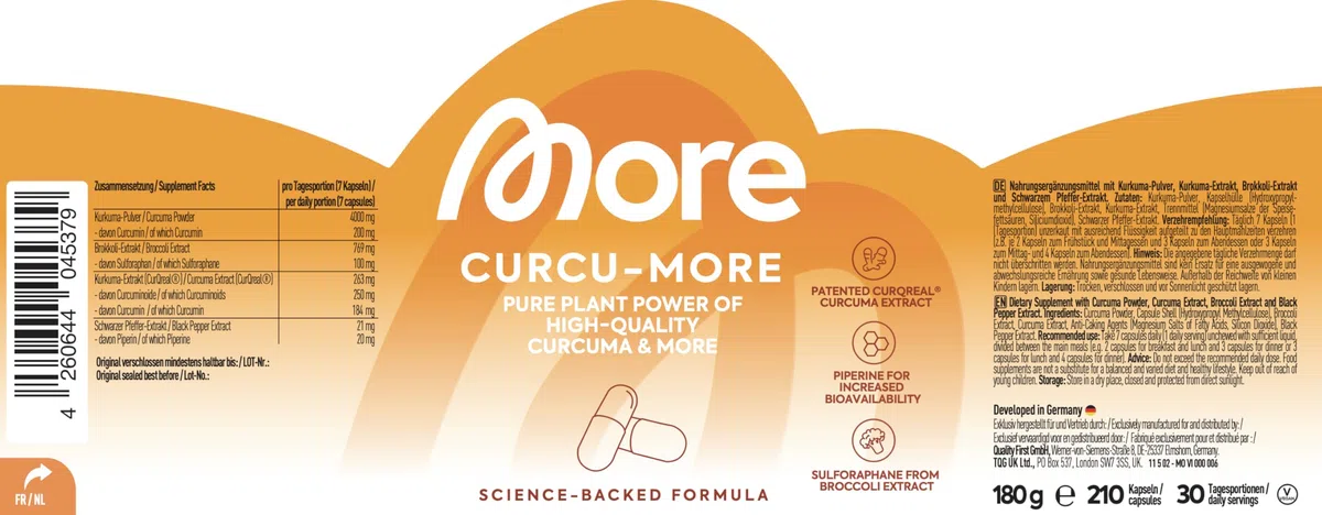 MORE Curcumore, 180 g - 210 Kurkuma Kapseln mit Curcuminoiden, Sulforaphan und Piperin, mit Biotin, vegan (Design kann variieren)