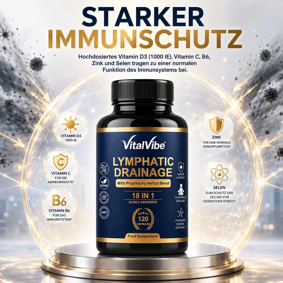 Lymphdrainage Kapseln - 18 in 1 Komplex mit Löwenzahn, Klettenwurzel & Bromelain - Lymphatisches System & Immunsystem Support - 120 Vegane Kapseln mit Vitamin C, D3, Zink & Selen