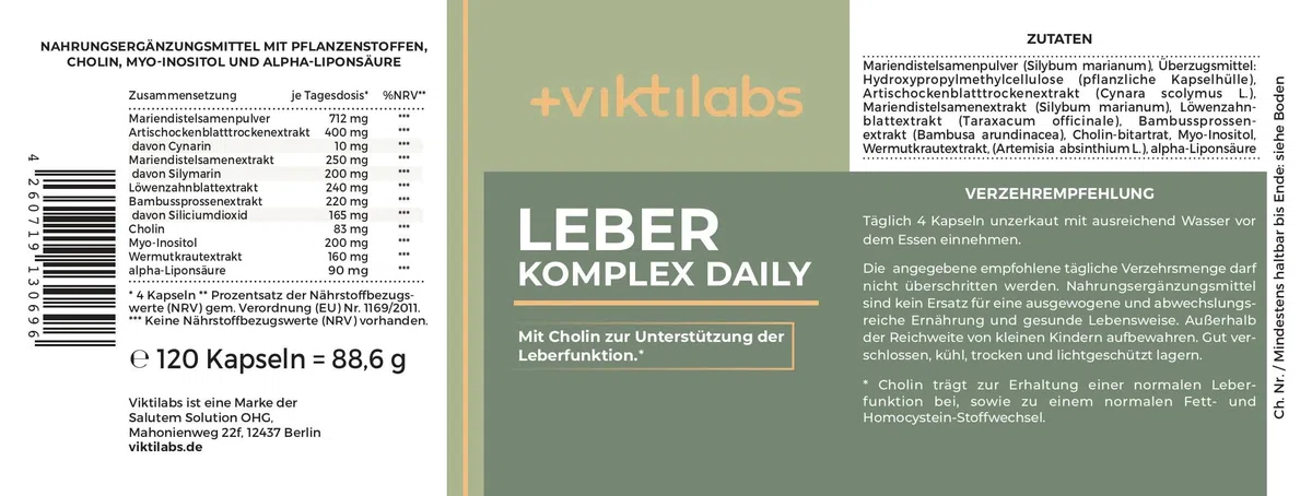 Leber Komplex Daily - 90 Kapseln | Mit Mariendistel, Artischocke, Löwenzahn, Cholin | Laborgeprüft | Ohne Zusätze & Vegan | Mariendistel Kapsel hochdosiert