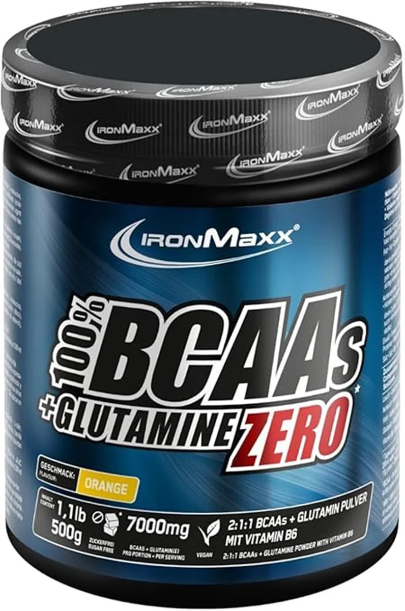 IronMaxx 100% BCAAs + Glutamine Zero - Orange 500g | veganes & zuckerfreies Aminosäuren Pulver mit Vitamin B6 | 6000 mg BCAA´s und 1000 mg Glutamin pro Portion