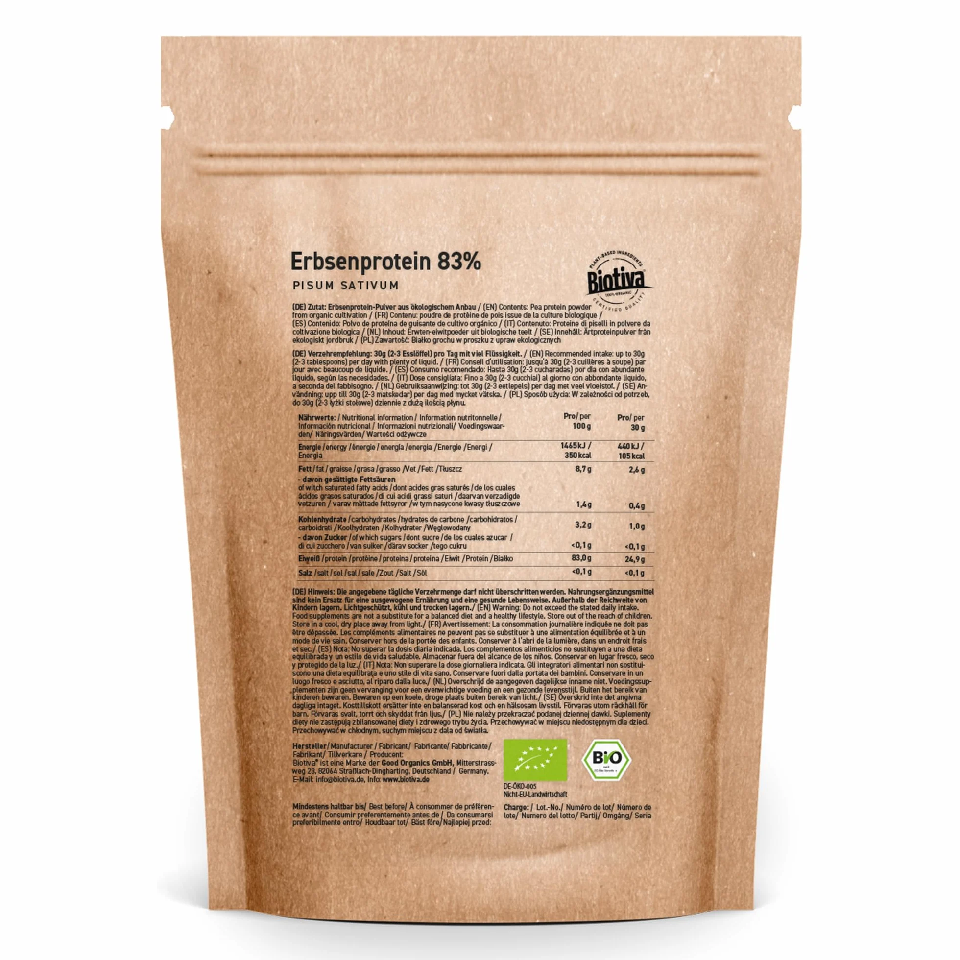 Erbsenprotein-Pulver Bio 1kg - 83% Proteingehalt - 100% Erbsen-Proteinisolat - Höchste Bioqualität - Frei von Gluten Soja und Laktose - Abgefüllt und kontrolliert in Deutschland - Biotiva