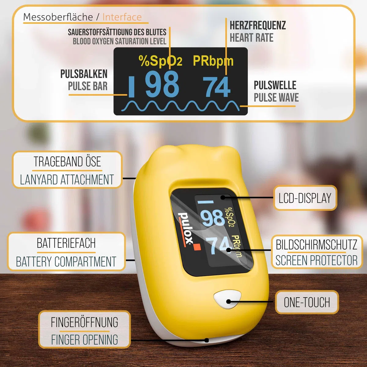 Pulox PO-230 Kinder Pulsoximeter Gelb zur Messung von SpO2 und Puls | Misst Sauerstoffsättigung und Puls in wenigen Sekunden, inklusive Sticker zum individuellen Bekleben und Gestalten