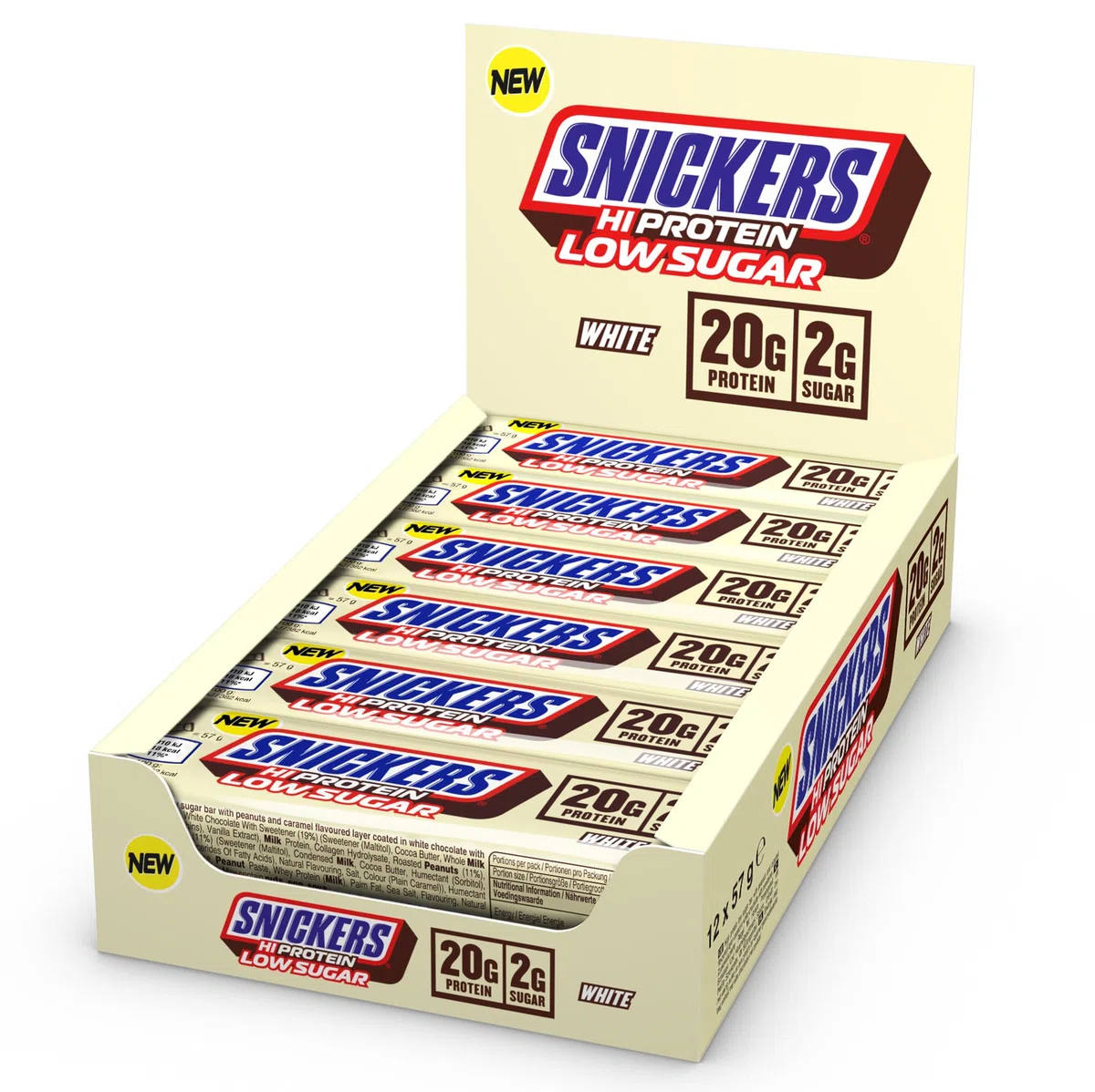 Snickers White Low Sugar High Protein Bar (12 x 57g) – White Chocolate – 20g Eiweiß – Zuckerreduziert – Proteinriegel mit weißer Schokolade & Erdnüssen – Ideal für Muskelaufbau
