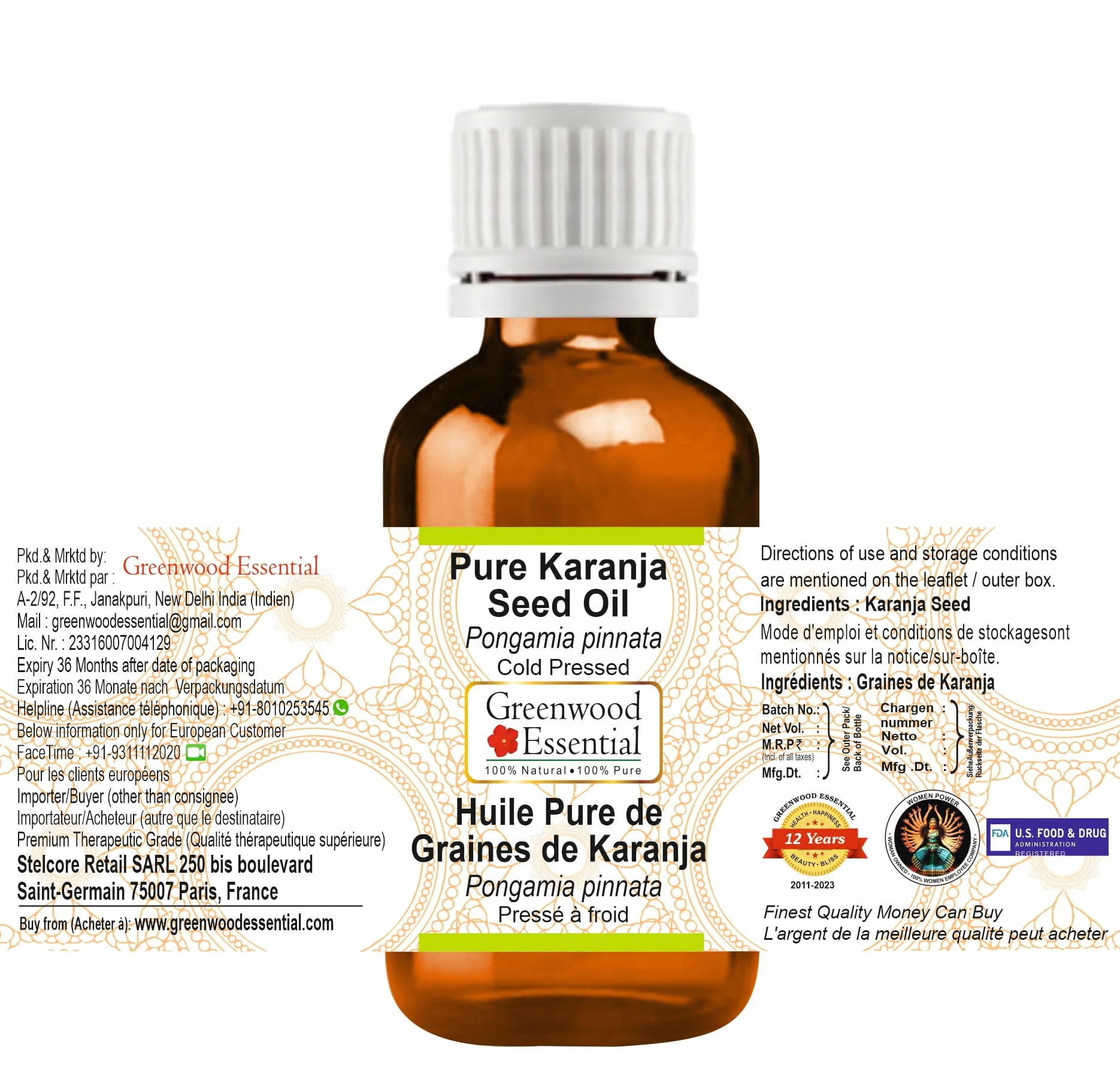 Greenwood Essential Naturreine Karanja-Samenöl (Pongamia pinnata) Kaltgepresst 100ml (3.38 oz)