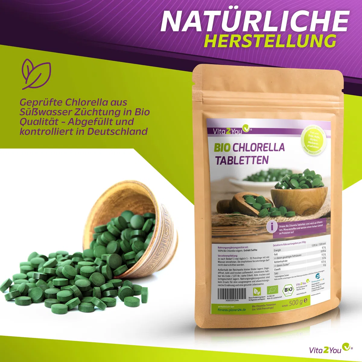 Vita2You Bio Chlorella Tabletten | 400mg pro Tablette | 1250 Presslinge | 500g Algen aus Ökologischen Anbau | Rohkost im Zippbeutel