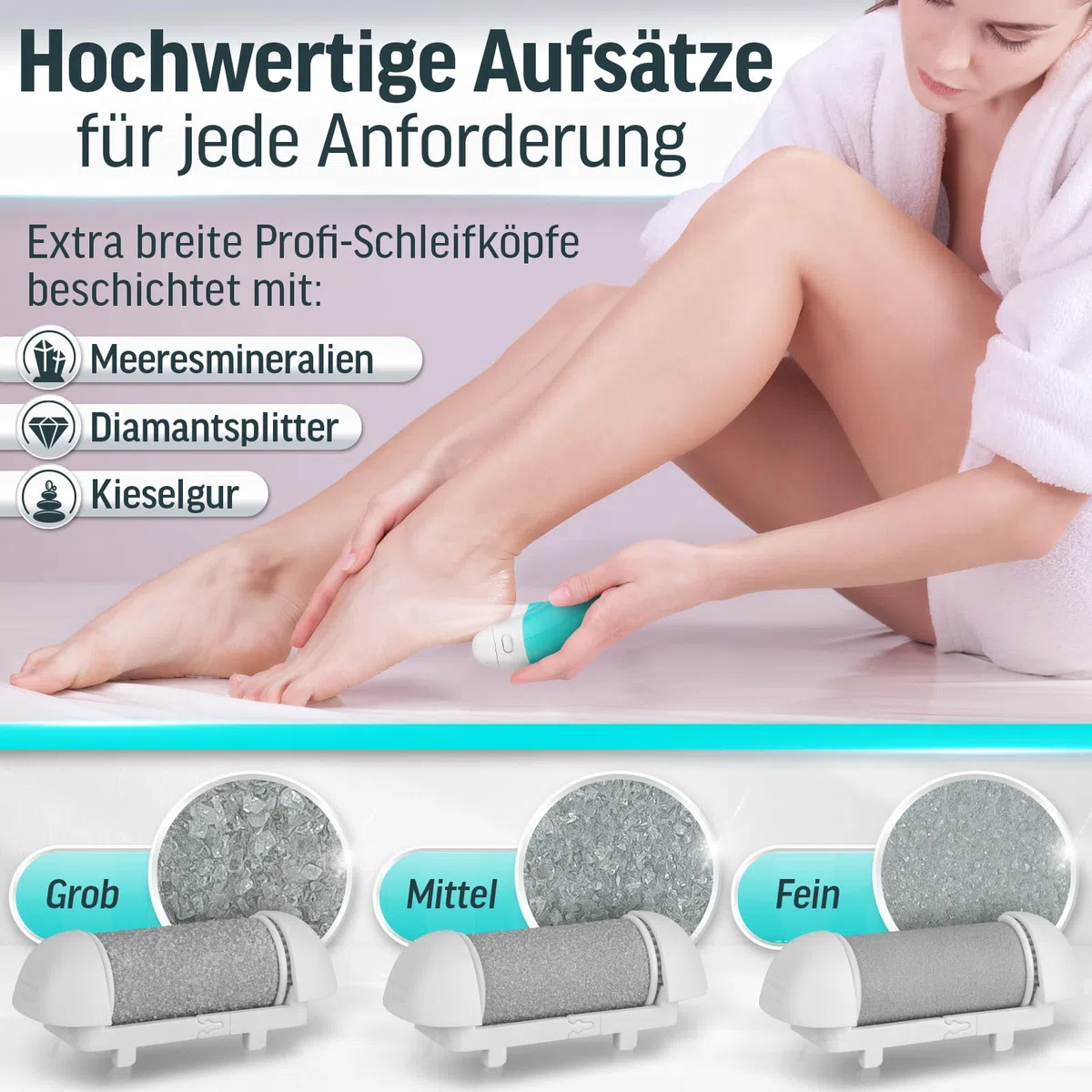Grundig Hornhautentferner elektrisch Pro - schnell Hornhaut entfernen ohne Bücken - Premium Akku Hornhaut Entferner nass + trocken mit Arbeitslicht, 3 Fuß Rollen, wiederaufladbar (Gerät)