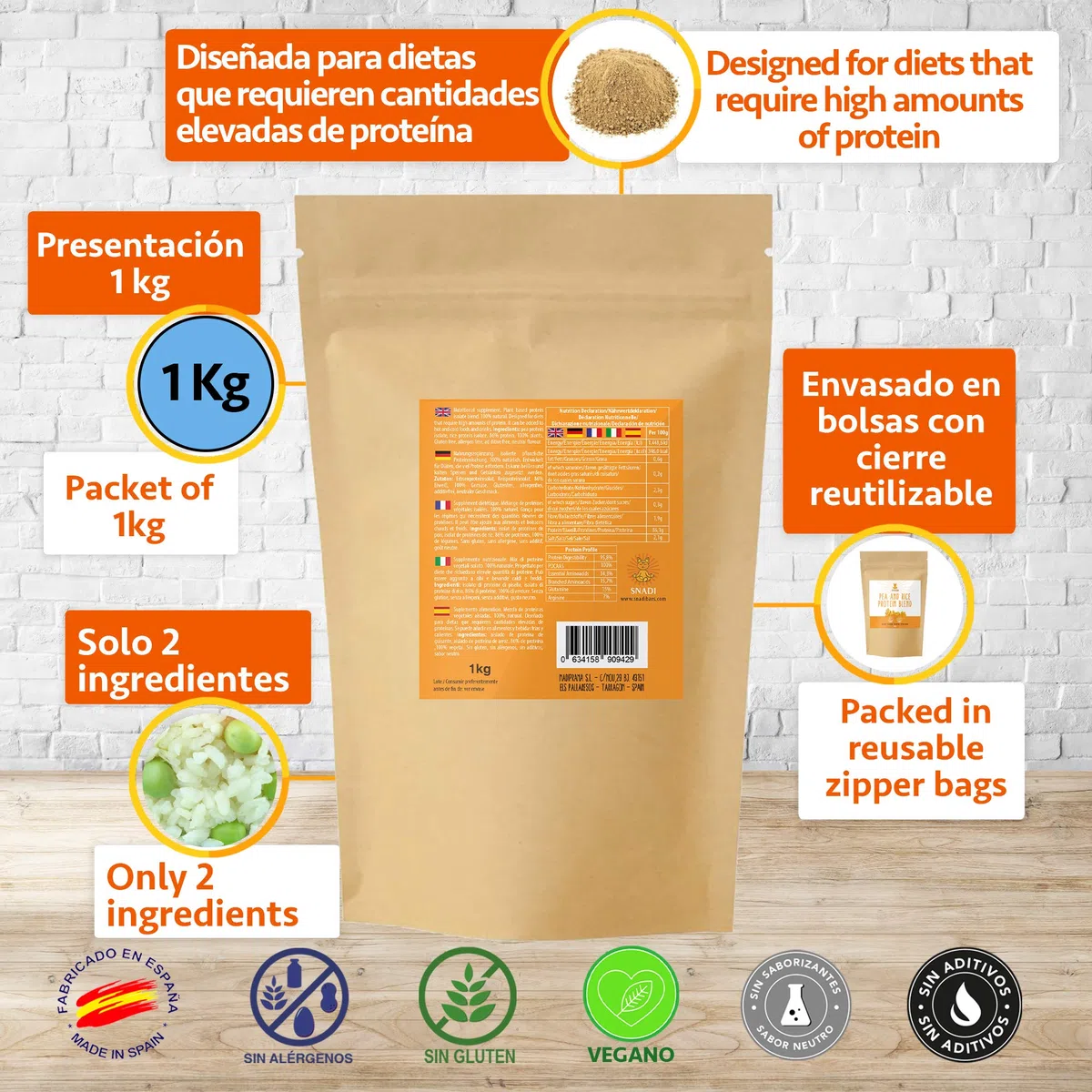 Isoliertes Veganes Protein aus Erbse und Reis | 1kg | 100% Rein | Hoher Proteingehalt | Glutenfrei | Leicht Verdaulich | Ohne Zusatzstoffe | Nahrungsergänzungsmittel