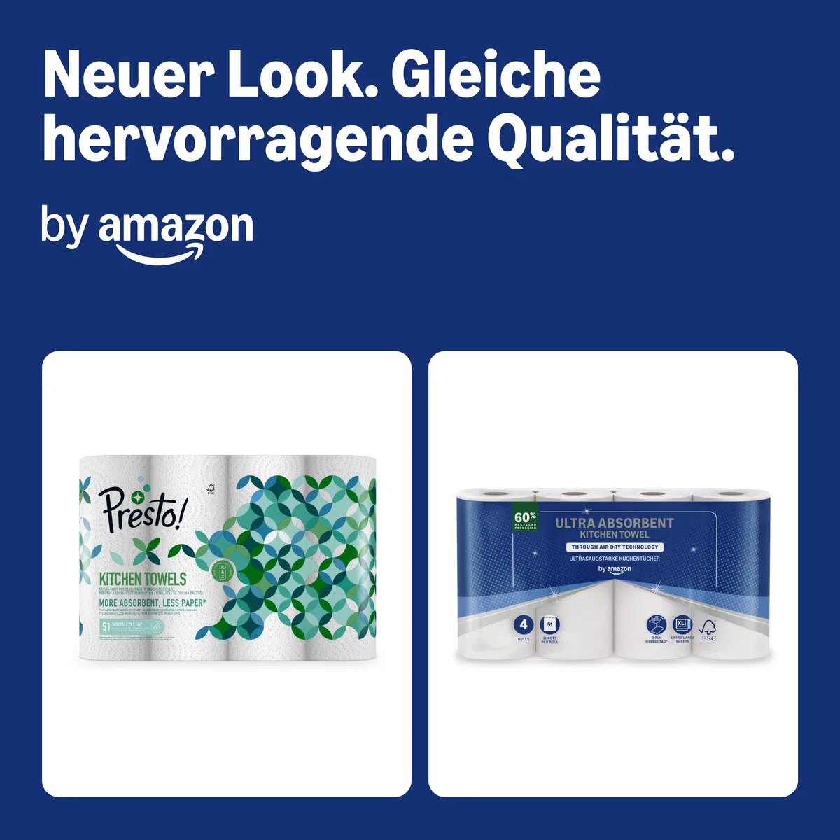by Amazon Ultra-saugfähige TAD-Küchenrolle, 32 Rollen (8 Packungen à 4), 51 Blätter pro Rolle, FSC-zertifiziert (früher “Presto!”)