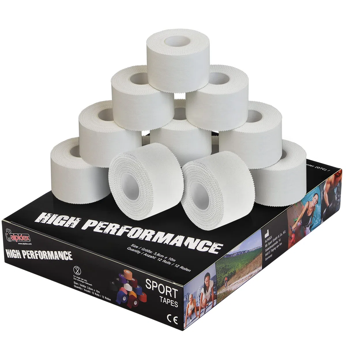 ALPIDEX 12 Rollen Sport Tape Set 3,8 cm x 10 m Gelenk Tapeverband Viele Farben Reißbares Unelastisches Sporttape Hautfreundlich Handball Fußball Volleyball, Farbe:weiß