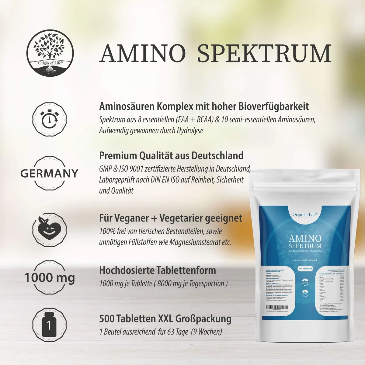 Amino Spektrum - 500 Tabletten a 1000mg - Hochdosiert & Vegan - Big Pack - 18 Aminosäuren inkl. 8 EAA´s & BCAA - Laborgeprüft - ohne Magnesiumstearat | Hochdosiert, laborgeprüft, ohne Magnesiumstearat, vegan