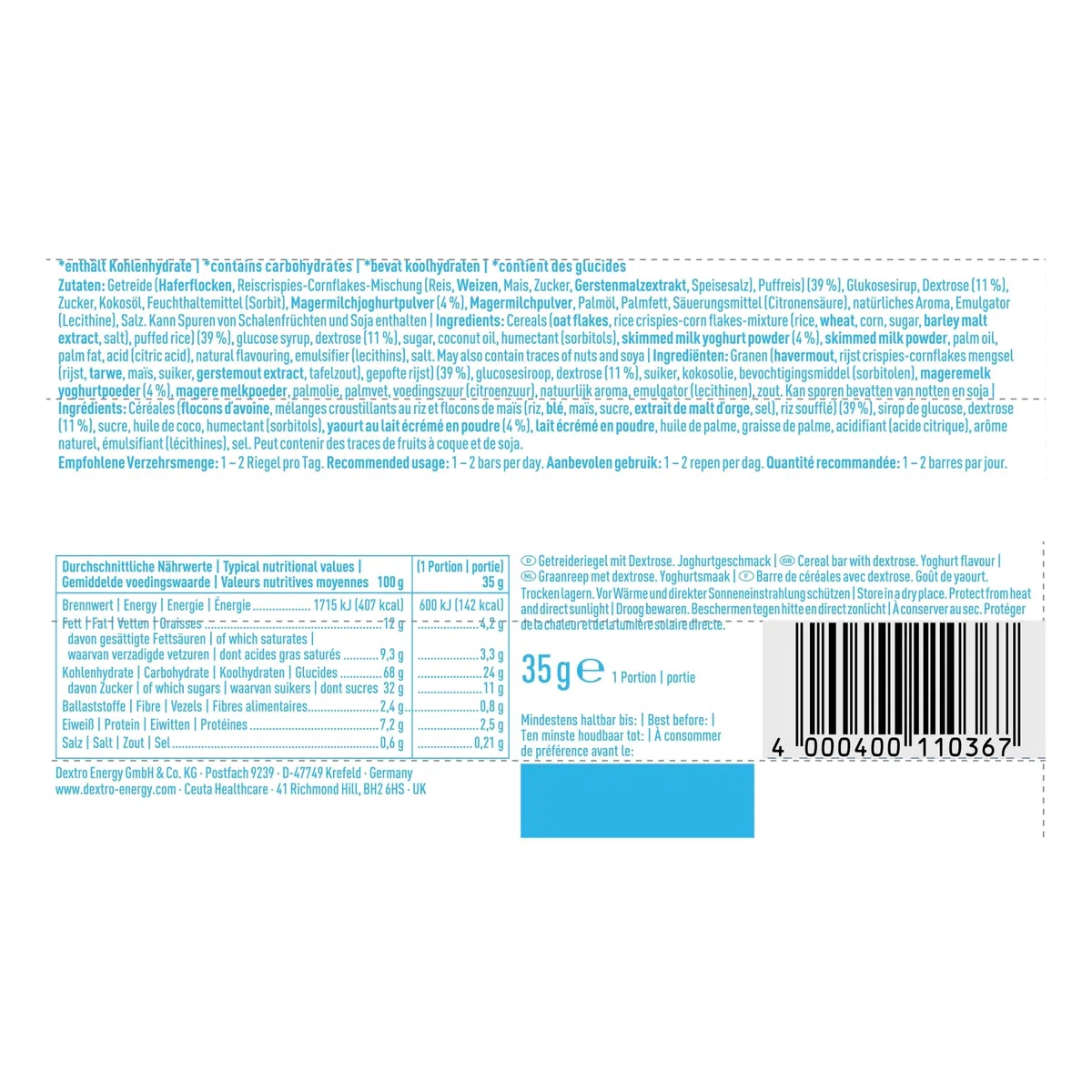 Dextro Energy Müsliriegel Joghurt - 25x35g (25er Pack) - Leckerer Getreideriegel als Alternative zum Schokoriegel, zur schnellen und langanhaltenden Kohlenhydratversorgung