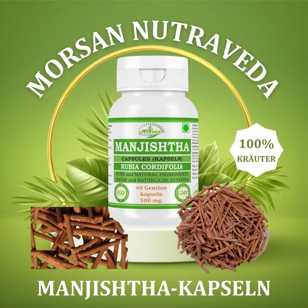 Manjishtha (Rubia Cordifolia, Manjith) Extrakt mit 10:1 Stärke, 500 mg x 60 vegane Kapseln | Ayurvedisches Kräuterergänzungsmittel für Männer und Frauen (2 Flaschen mit 60 Kapseln)