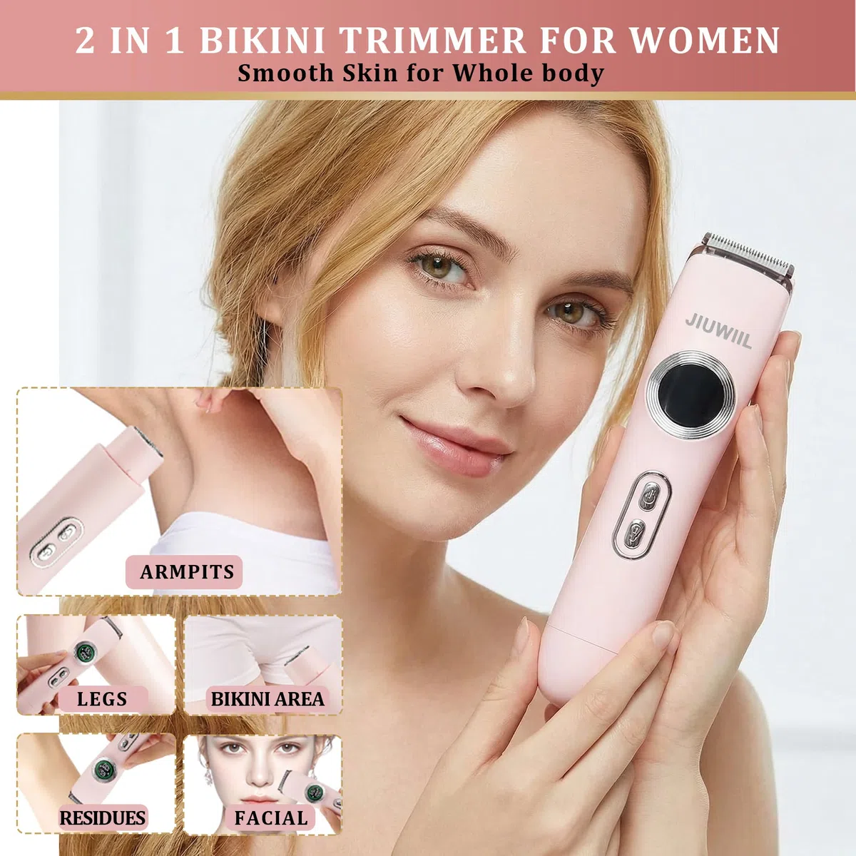 Bikini Trimmer für Frauen, JIUWIIL 2 in 1 Elektrorasierer für Frauen, IPX7 wasserdichter Elektrorasierer mit zwei Köpfen, Nass und Trockenrasierer für Körperbehaarung und Bikin (Rosa)