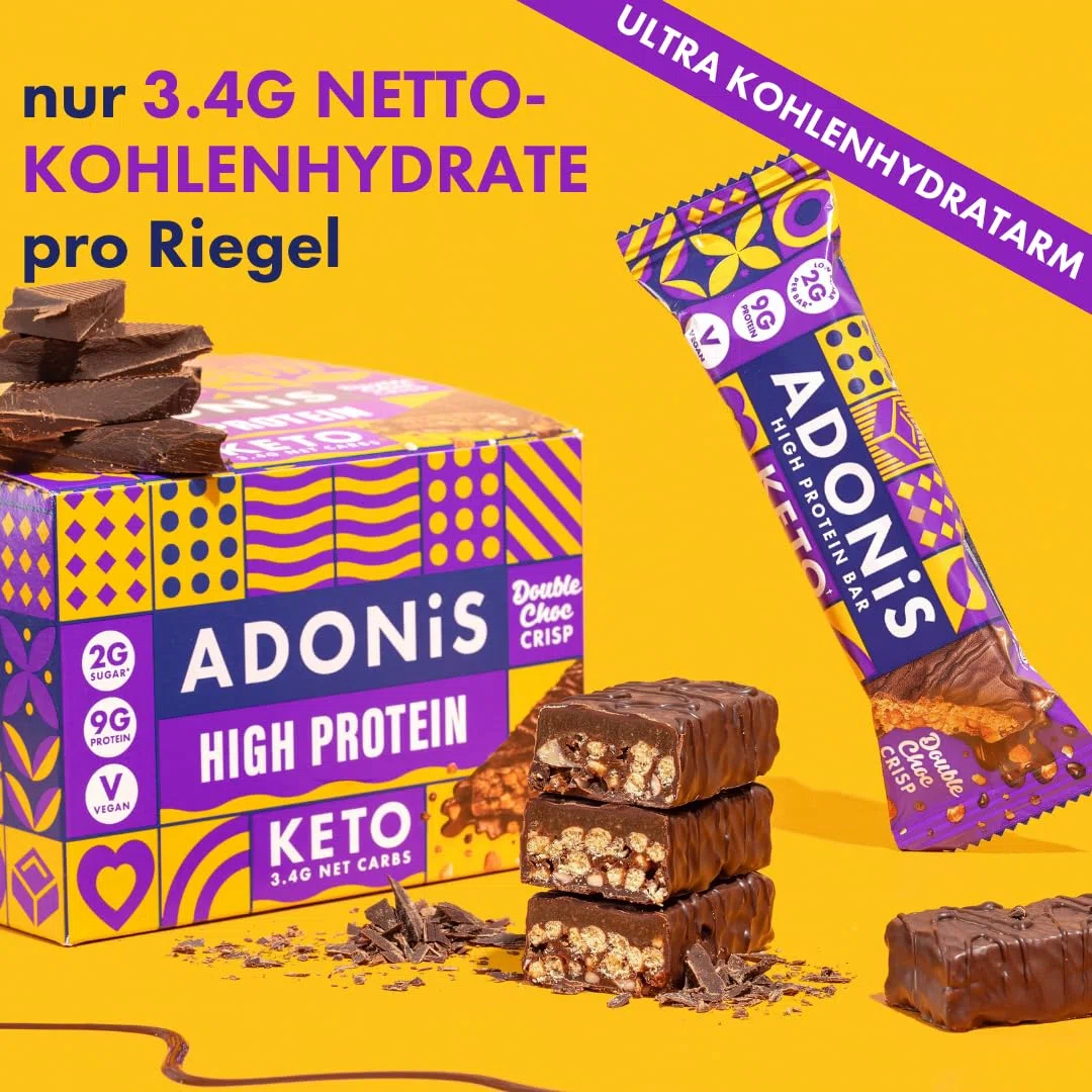 Adonis Keto Riegel Erdnussbutter-Karamell – 16 x 45g | Low-Carb Eiweißriegel | 9g Protein, 2g Zucker | Keto-freundlich, ballaststoffreich | Ohne Zuckerzusatz (Schokolade)